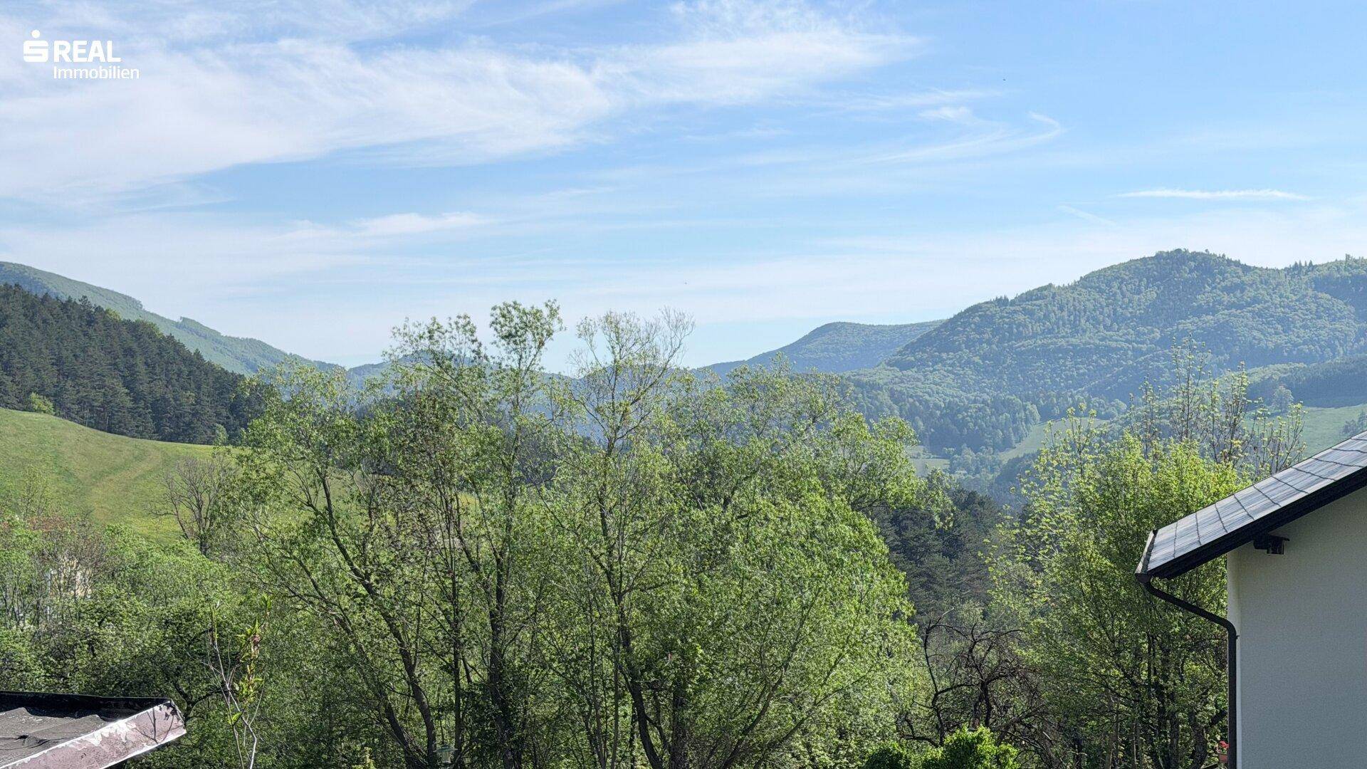 Weitläufiger Blick auf die grüne Berglandschaft mit einem Teil des Gebäudes im Vordergrund.