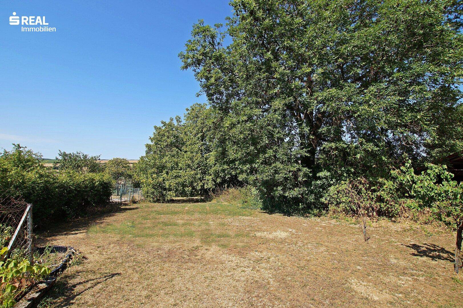 Großer Garten mit altem Baumbestand und weitem Blick in die Natur.