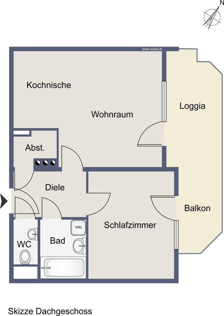 Grundriss des Dachgeschosses mit Kochbereich, Wohnraum, Schlafzimmer und Loggia.