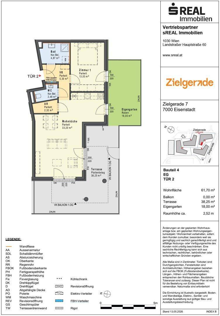 Detaillierter Grundriss einer Wohnung mit Terrasse, Balkon und Eigengarten.