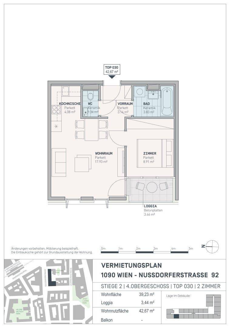 Grundriss der Wohnung Top 030 mit Wohnraum, Zimmer, Bad und Loggia.