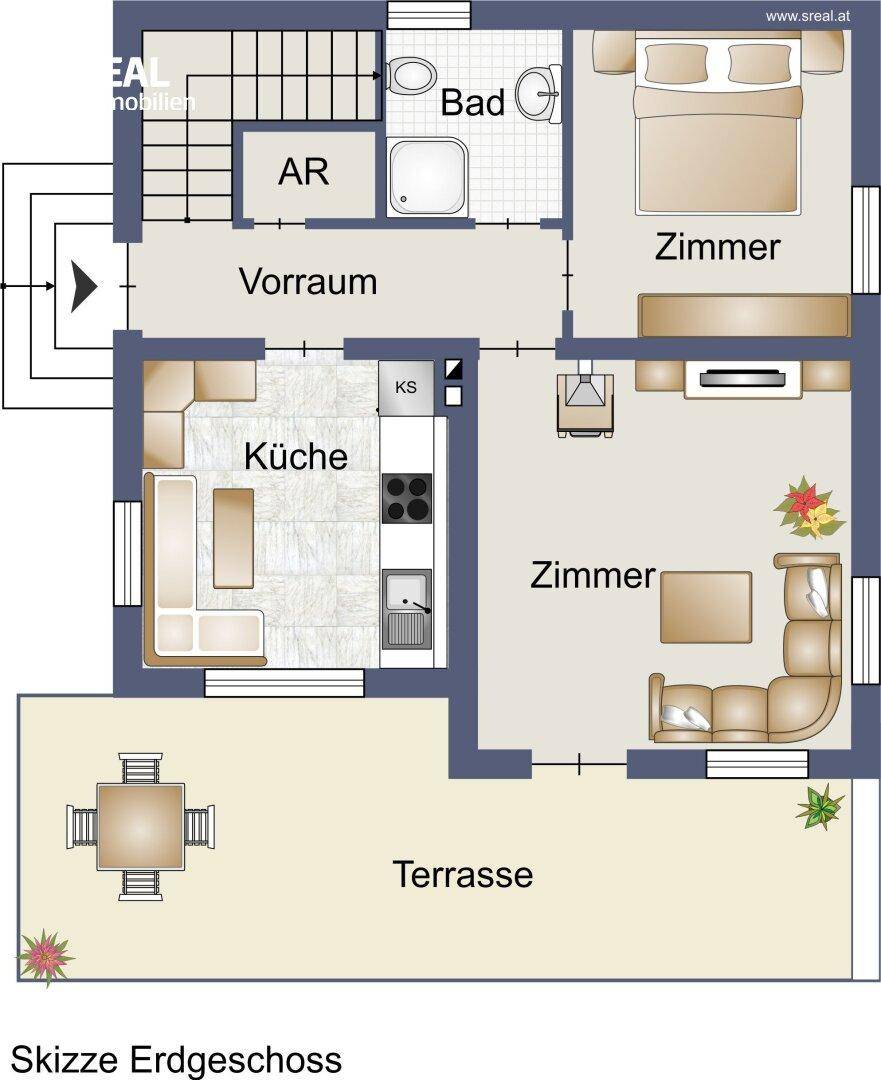 Grundriss des Erdgeschosses mit Küche, Wohnzimmer, Schlafzimmer, Bad und großer Terrasse.