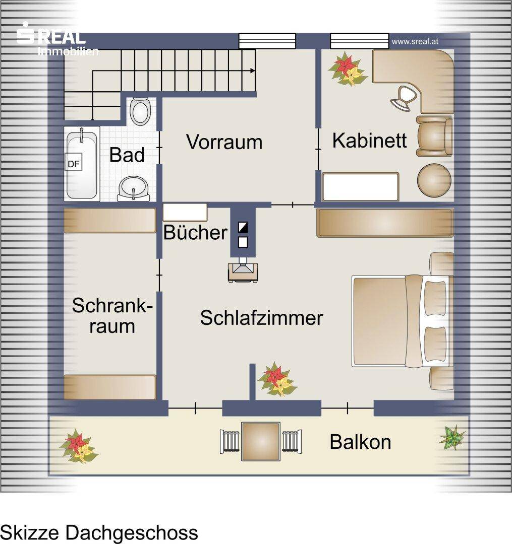 Grundriss des Dachgeschosses mit Schlafzimmer, Büro, Bad, Schrankraum und Balkon.