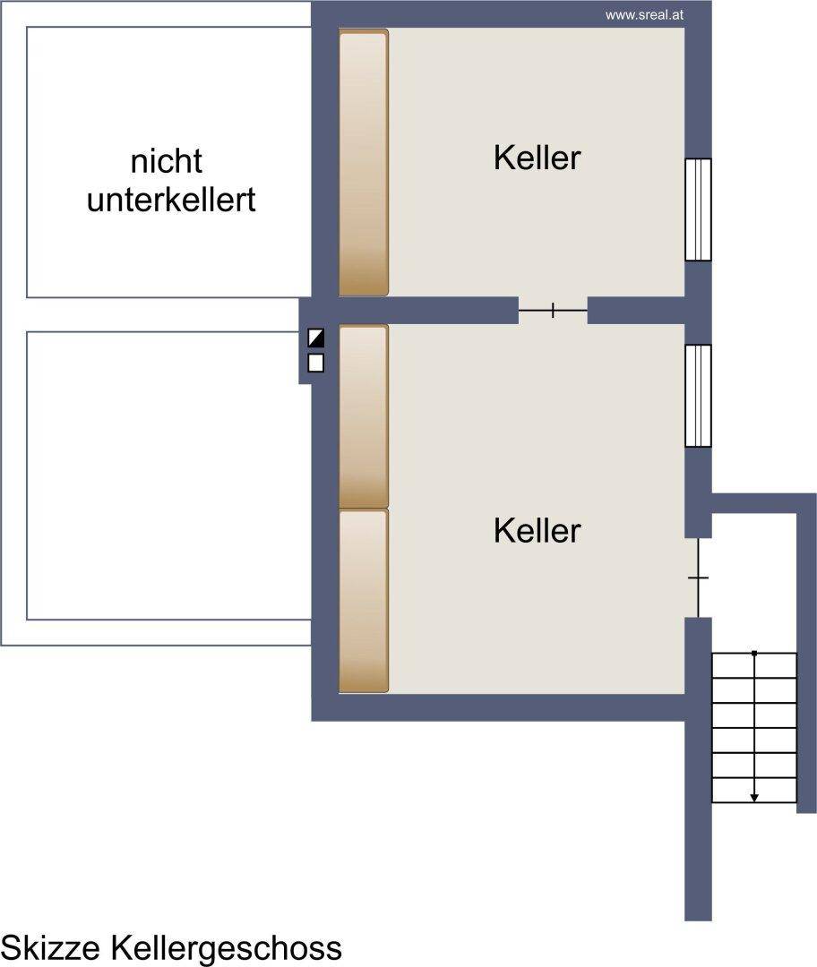 Grundriss des Kellergeschosses mit zwei Kellerräumen und nicht unterkellertem Bereich.