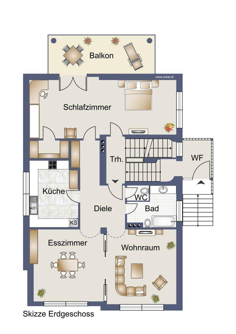 Grundriss des Erdgeschosses mit Wohnraum, Esszimmer, Küche, Schlafzimmer und Balkon.