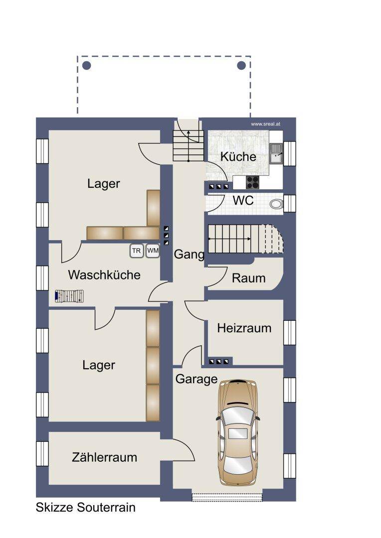 Grundriss des Souterrains mit Lagerflächen, Waschküche, Heizraum, Garage und kleiner Küche.