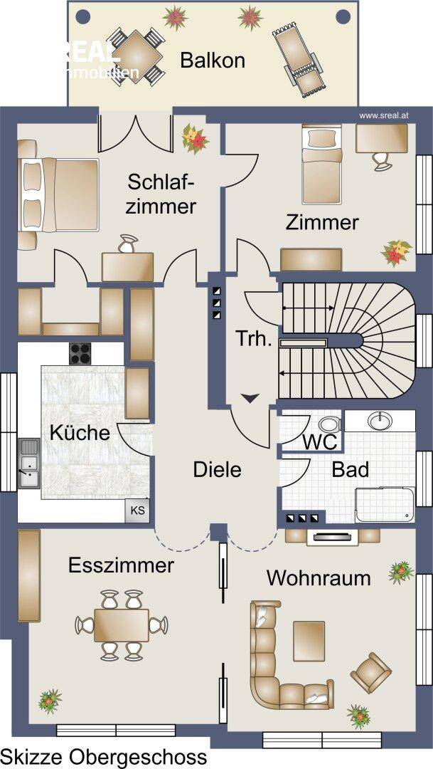 Grundriss des Obergeschosses mit Wohnraum, Esszimmer, Küche, zwei Schlafzimmern und Balkon.