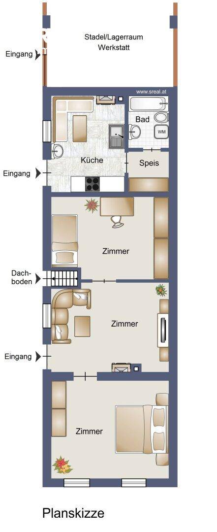 Grundriss einer langen Wohnung mit Balkon, Küche, Bad, Lagerraum und mehreren Zimmern.