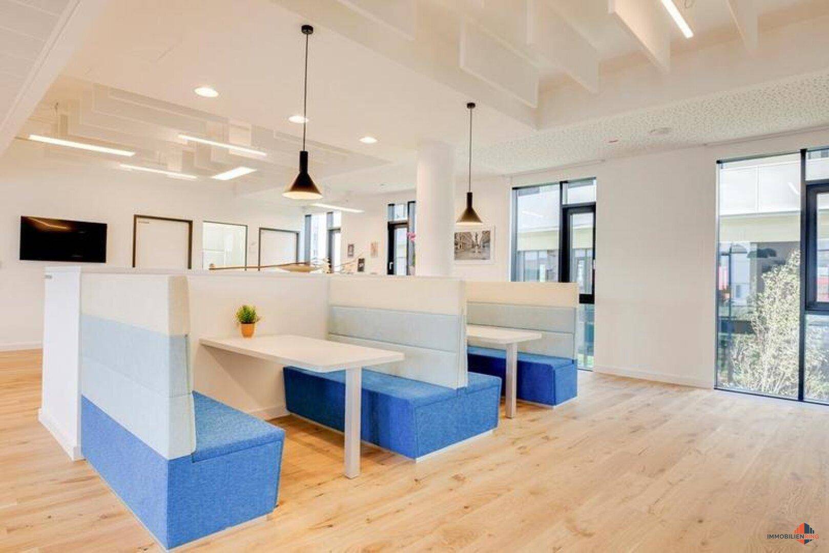 Offener Bürobereich mit modernen blauen Sitzkabinen, Holzboden und großen Fenstern für viel Tageslicht.