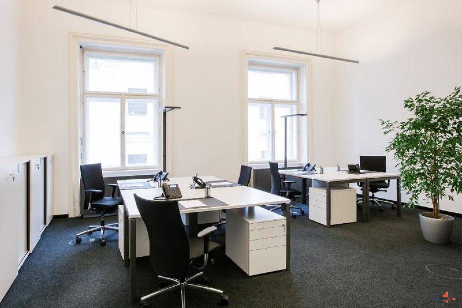 Helles und modernes Büro mit mehreren Arbeitsplätzen, großen Fenstern und Teppichboden.