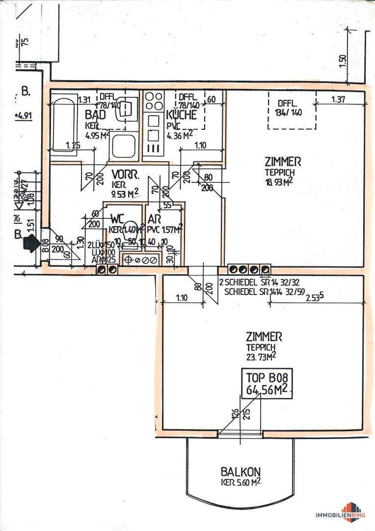 Grundriss einer Wohnung mit zwei Zimmern, Bad, Küche, separatem WC und Balkon.