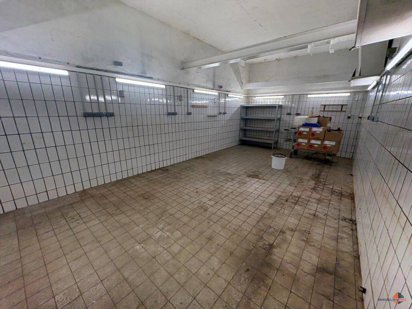 Großer Lagerraum mit weißen Wandfliesen und Terrakotta-Fliesenboden, gut beleuchtet.