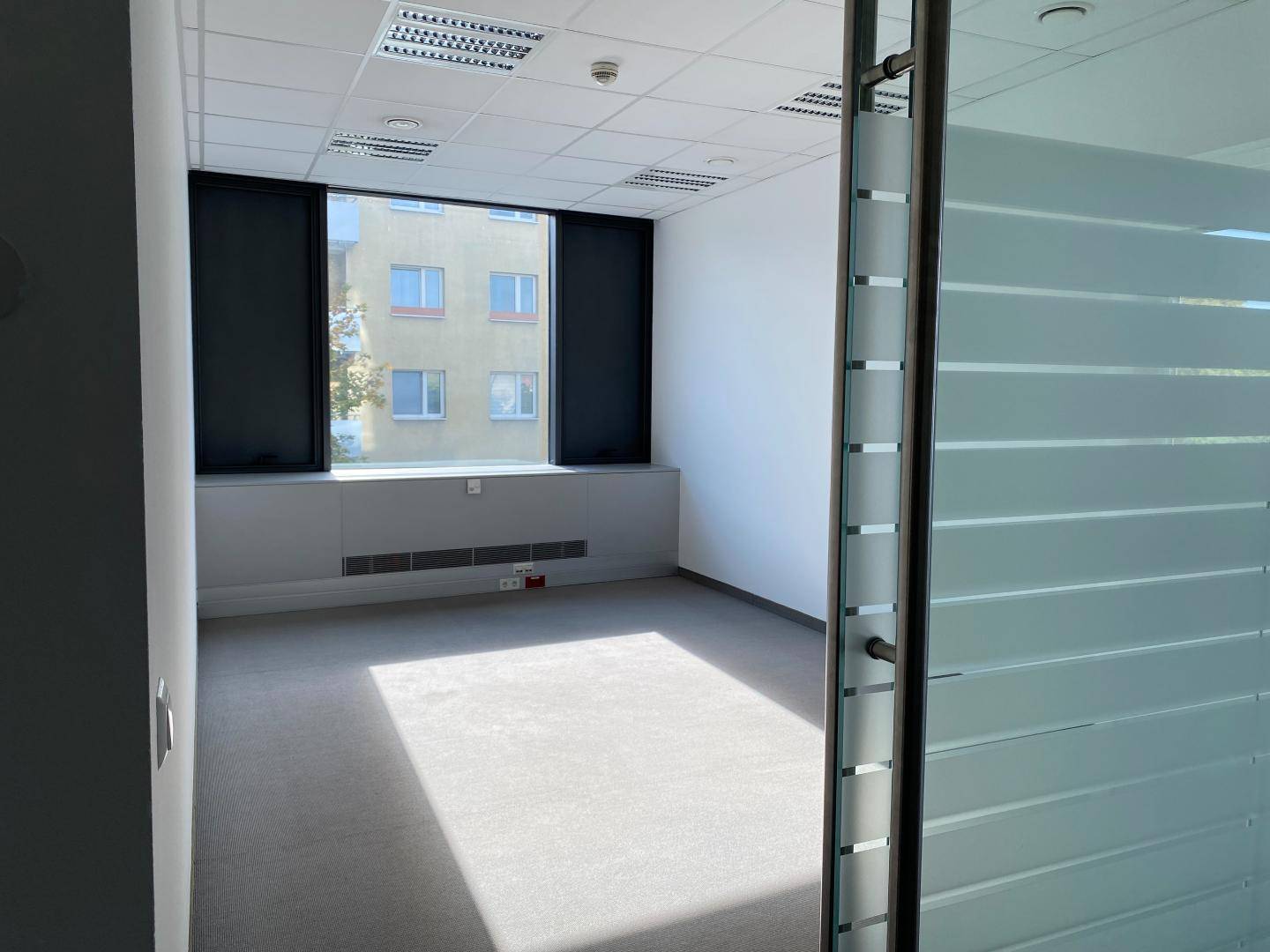 Leeres Büro mit großen Fenstern und Teppichboden, durch eine Glastür mit Streifenmuster zugänglich.