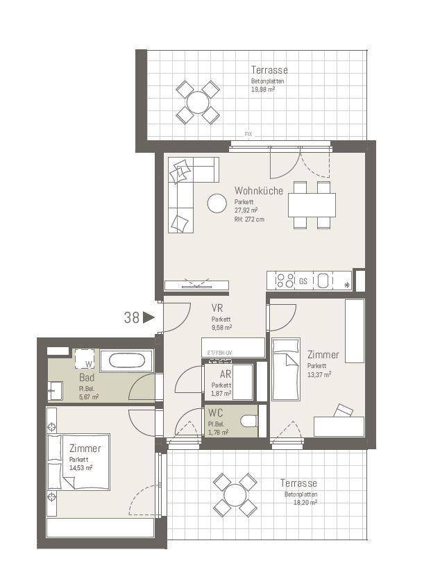 Grundriss einer Wohnung mit zwei Terrassen, Wohnküche, zwei Zimmern und Bad.