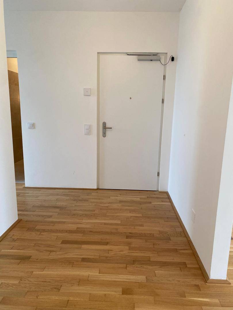 Heller Eingangsbereich mit Holzboden und weißer Tür, bereit für die individuelle Gestaltung.