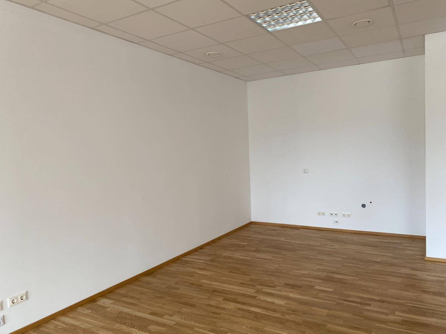 Ecke eines leeren Büroraums mit weiß gestrichenen Wänden und einem gepflegten Holzboden.