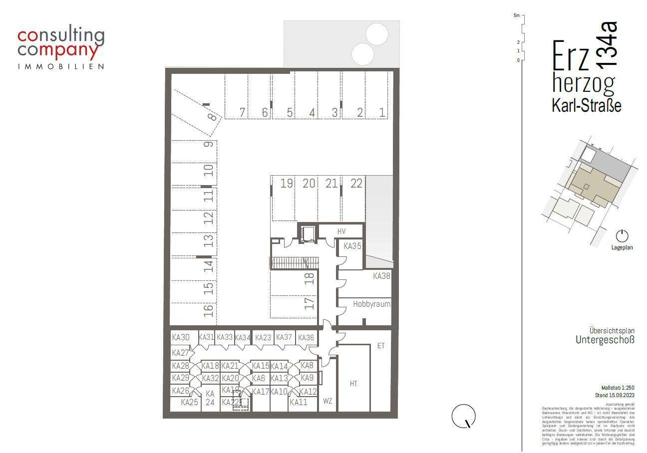 Grundriss des Untergeschosses mit Tiefgaragenstellplätzen und mehreren Hobbyräumen.