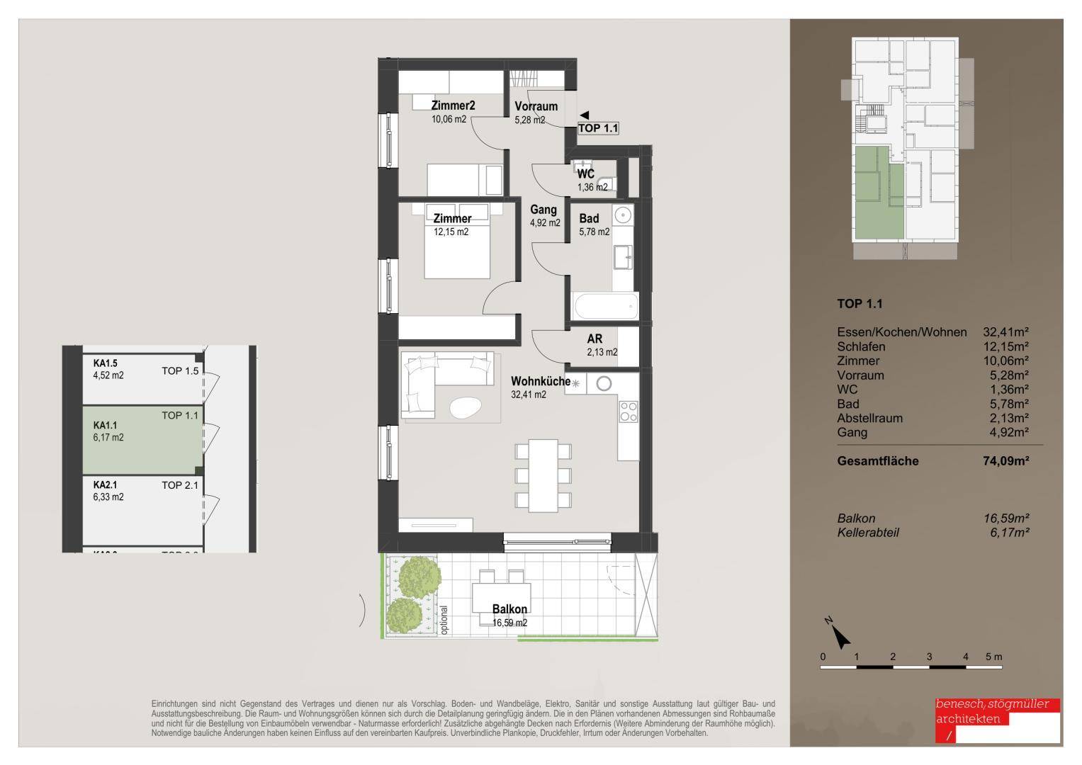 Grundriss der Wohnung TOP 1.1 mit offenem Wohnbereich, Balkon und zwei Schlafzimmern.