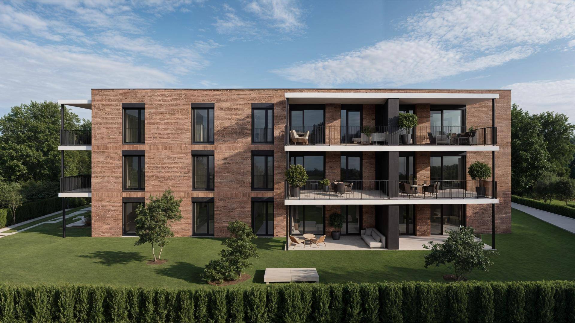 Modernes Mehrfamilienhaus mit Ziegelfassade, Balkonen und gepflegter Grünanlage.