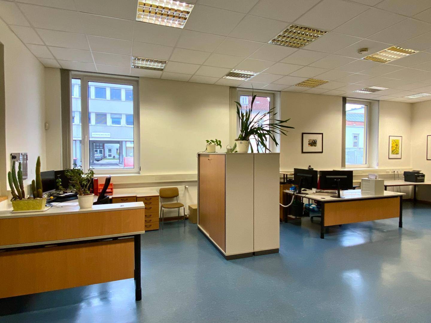 Geräumiges Büro mit mehreren Arbeitsplätzen, blauen Böden und großen Fenstern.
