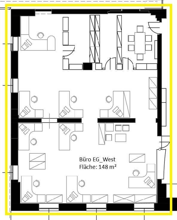 Grundriss eines Büros im Erdgeschoss West mit einer Fläche von 148 m².