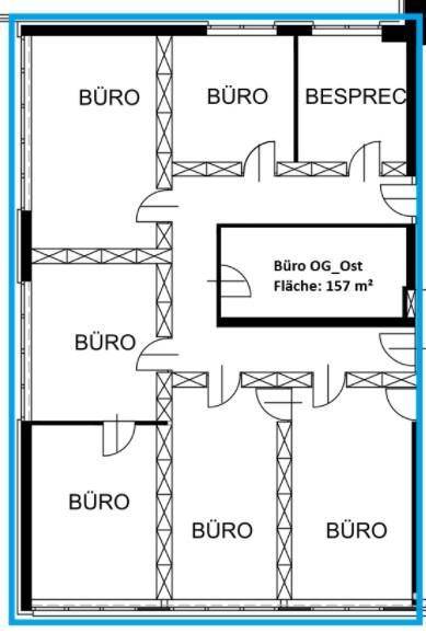 Grundriss des Obergeschosses Ost mit mehreren Büroräumen und einem Besprechungszimmer.