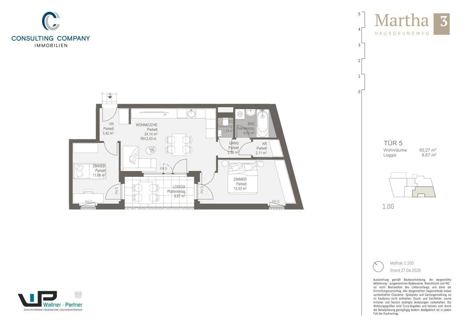 Grundriss einer Wohnung mit drei Zimmern, Loggia und offenem Wohnbereich.