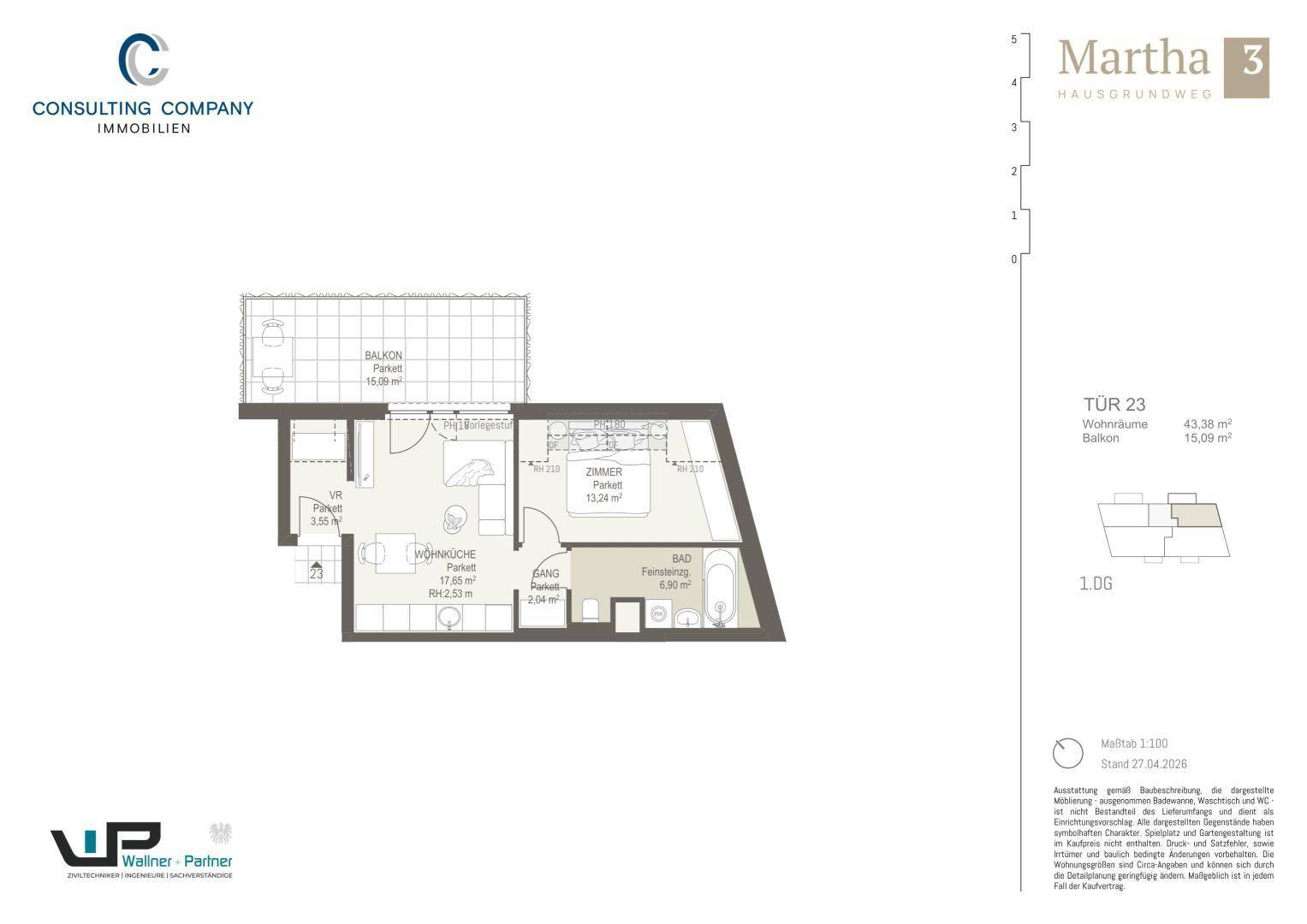 Grundriss einer kompakten Wohnung mit Wohnküche, Schlafzimmer, Bad und Balkon.