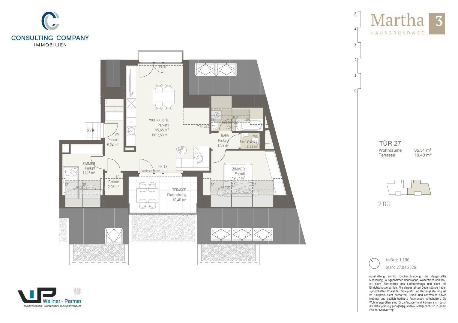 Grundriss der Wohnung Tür 27 mit offener Wohnküche, zwei Zimmern und großer Terrasse.