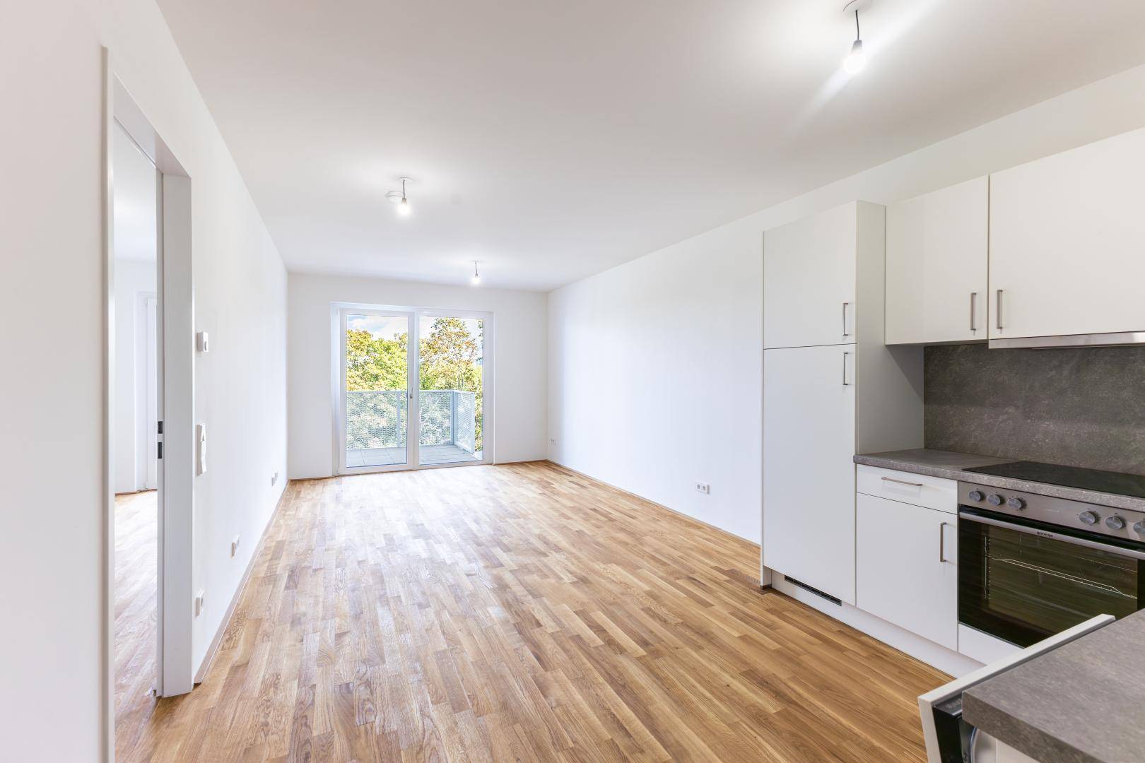 Offener Wohnbereich mit integrierter Küchenzeile, Holzboden und Zugang zum Balkon.