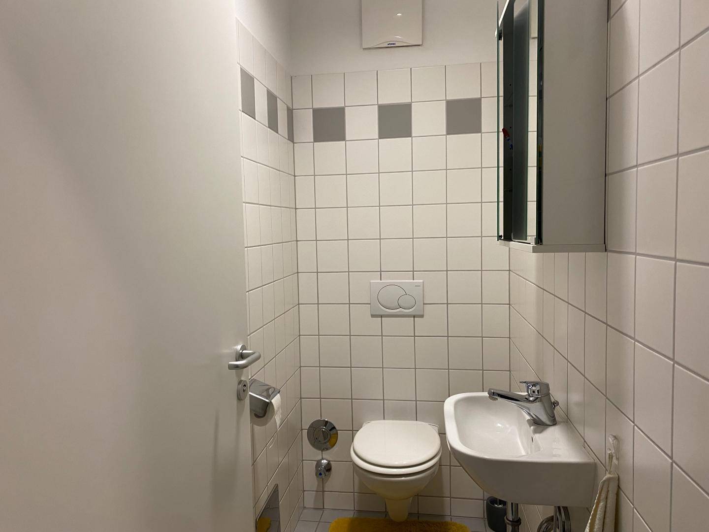 Kleines Gäste-WC mit weißen Fliesen, wandhängendem WC, kleinem Waschbecken und Spiegelschrank.