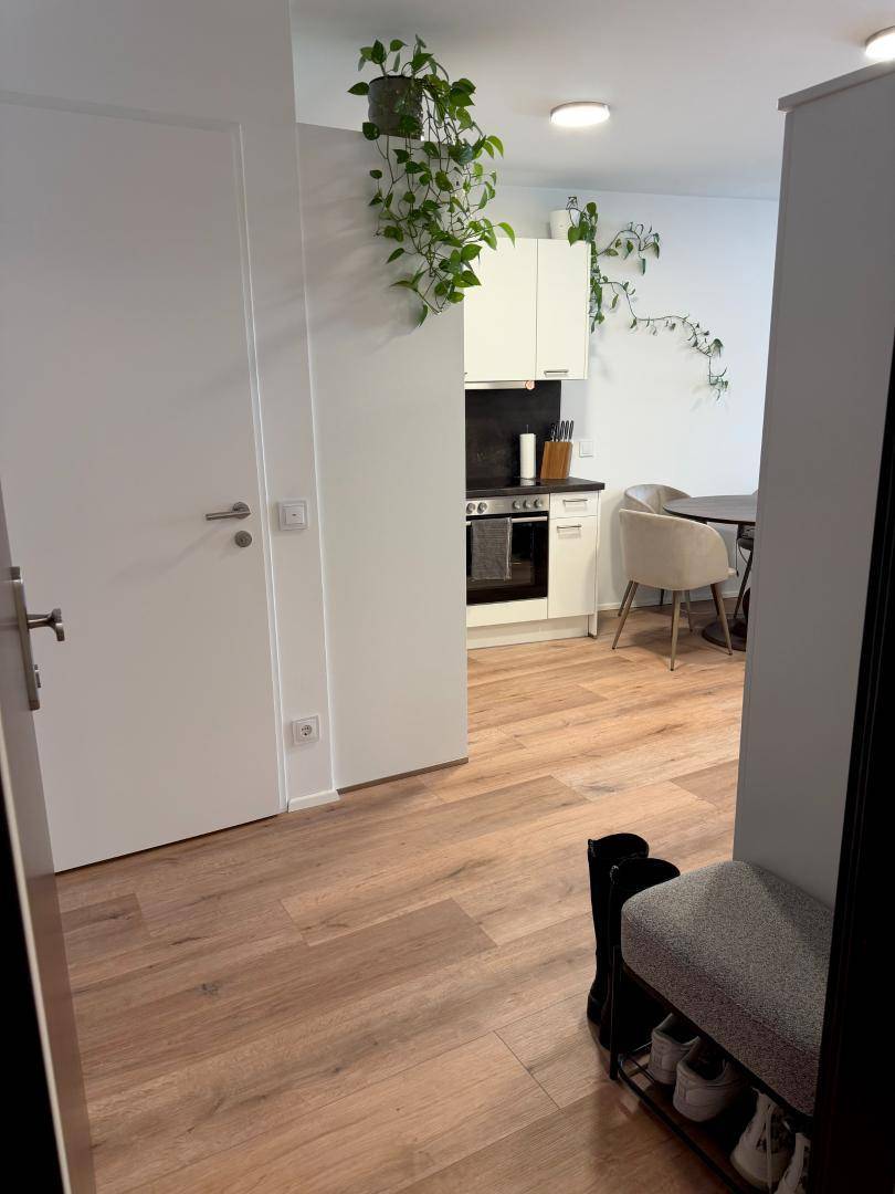 Heller Flur mit Laminatboden, der in den offenen Wohnbereich und die Küche führt.