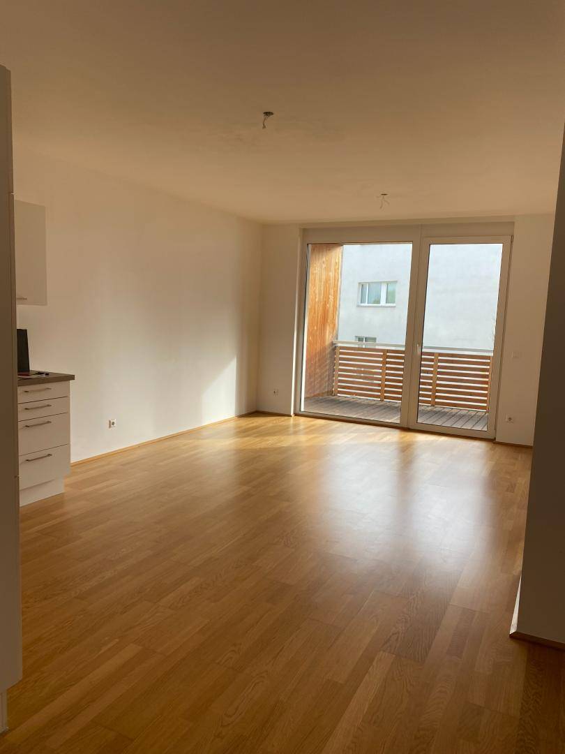 Geräumiger, heller Raum mit Parkettboden und Blick auf den Balkon, offen gestaltet.