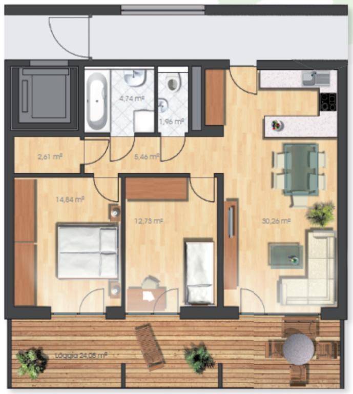 Detaillierter Grundriss der Wohnung mit Loggia, zwei Schlafzimmern und offenem Wohnbereich.
