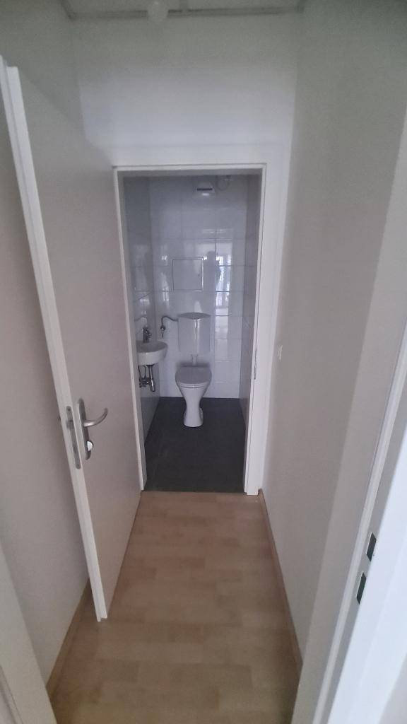 Flur mit Laminatboden, der zu einer separaten Toilette mit Waschbecken führt.