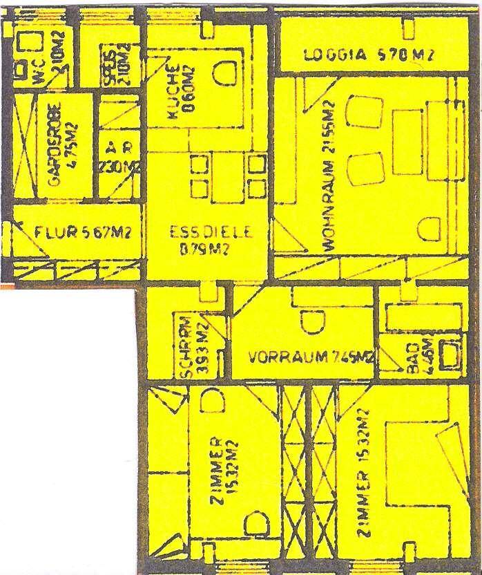 Detaillierter Grundriss einer Wohnung mit mehreren Zimmern, Loggia und Bad.