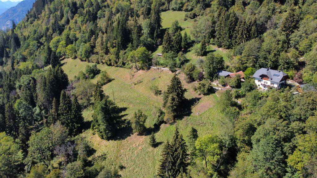 Luftaufnahme eines Hauses eingebettet in eine grüne, bewaldete Berglandschaft mit weiten Wiesenflächen.