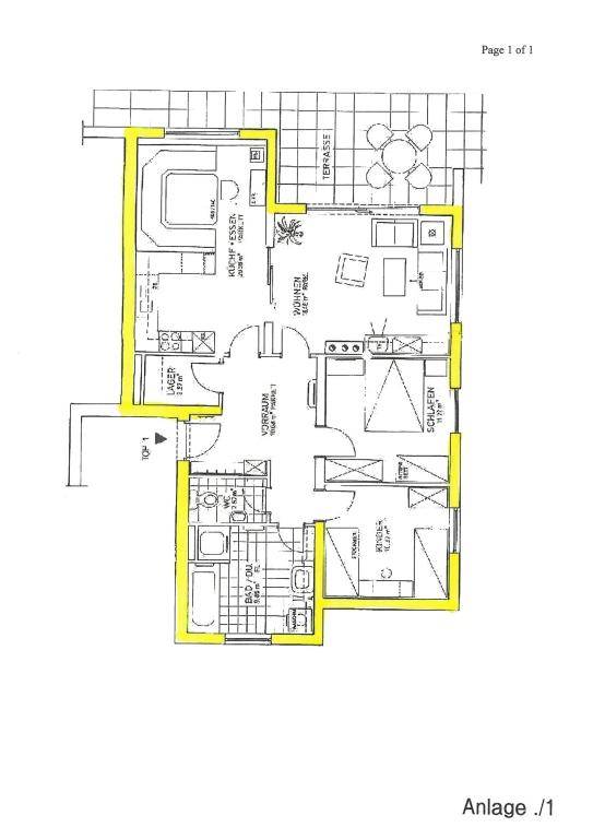 Grundriss einer Wohnung mit Terrasse, zwei Schlafzimmern und offenem Wohnbereich.
