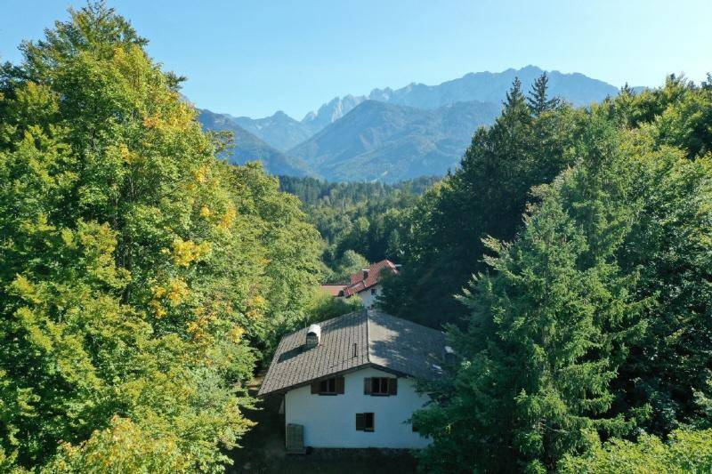 Luftaufnahme des Hauses, umgeben von Bäumen mit majestätischem Bergblick im Hintergrund.