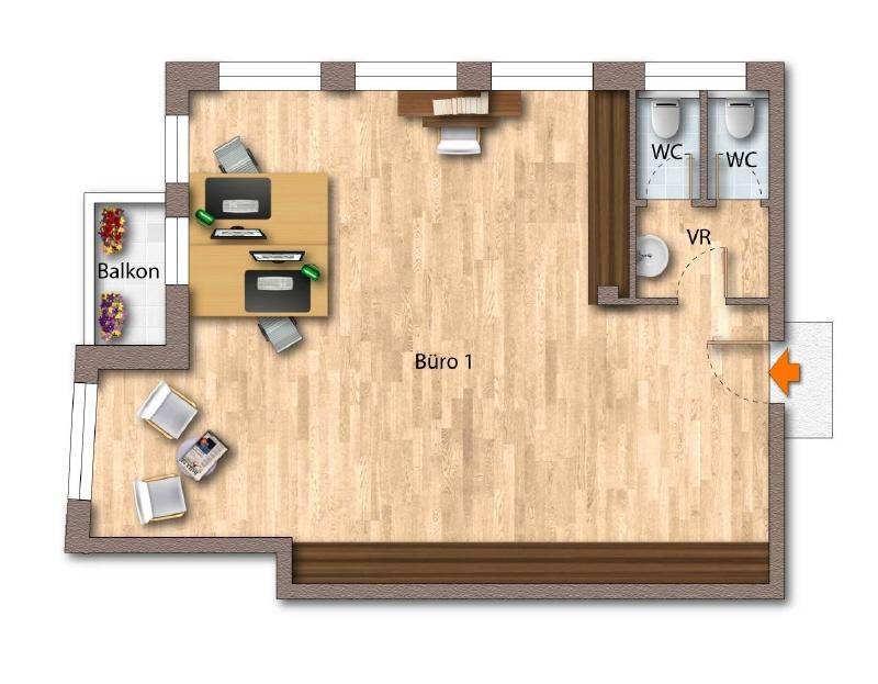 Grundriss eines Büros mit Balkon und zwei separaten Toilettenbereichen.