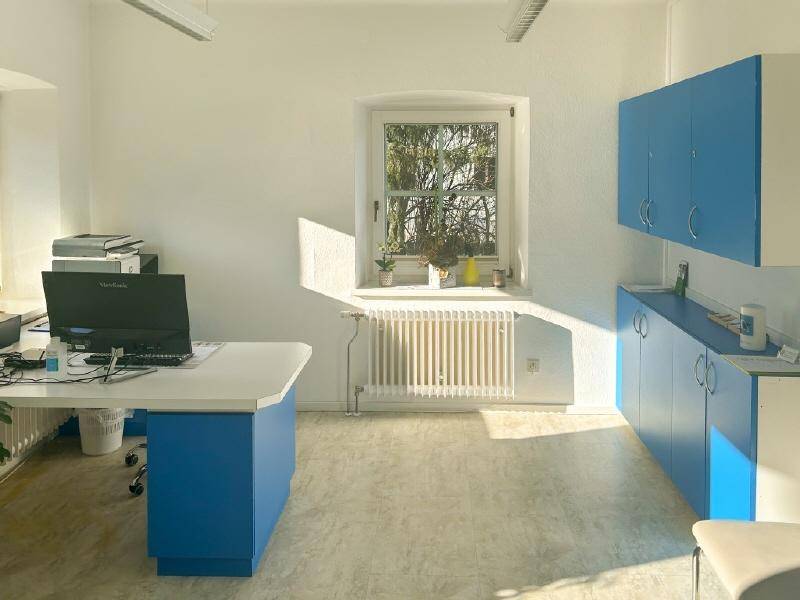 Funktionales Büro mit Schreibtisch, Computer, blauen Unterschränken und einem Fenster.
