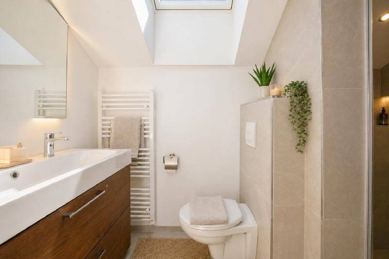Modernes Badezimmer mit Dachfenster, Wand-WC und Holzwaschtisch.