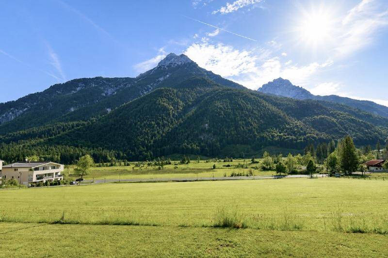 Weitläufige grüne Landschaft mit majestätischem Bergblick unter strahlend blauem Himmel.