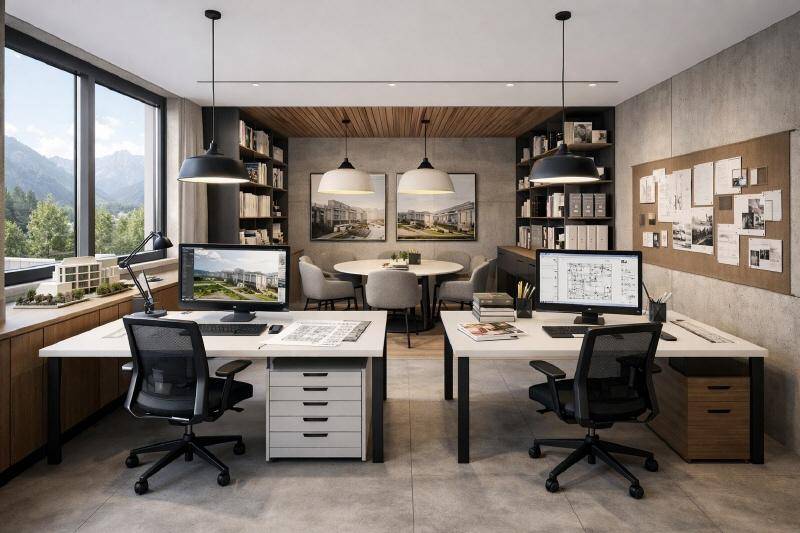 Modernes Büro mit zwei Arbeitsplätzen, Besprechungsbereich und Blick auf die Berge.