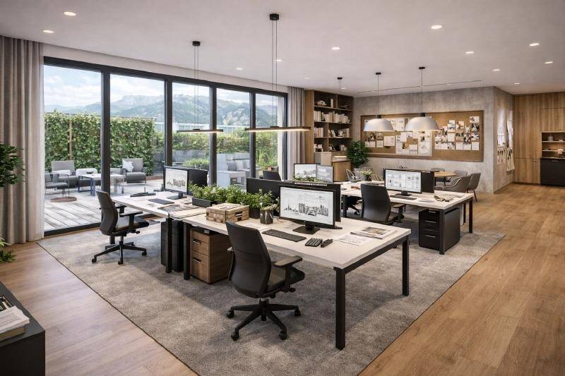 Großraumbüro mit mehreren Arbeitsplätzen, Holzboden und Zugang zu einer Terrasse mit Bergblick.