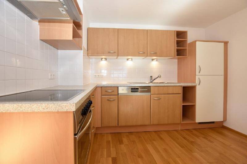 Funktionale Küche mit Holzschränken, integriertem Geschirrspüler und Kühlschrank.