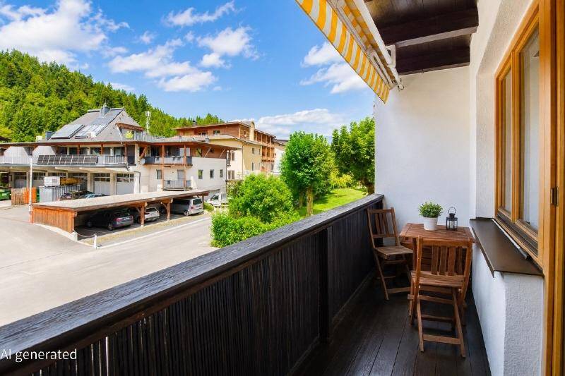 Gemütlicher Balkon mit Holzboden, Markise und weitem Blick auf die grüne Umgebung und Berge.