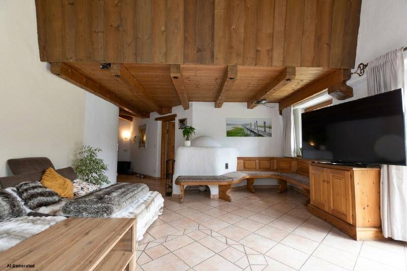 Rustikales Wohnzimmer mit Kachelofen, Holzbalkendecke und gemütlicher Sitzecke.