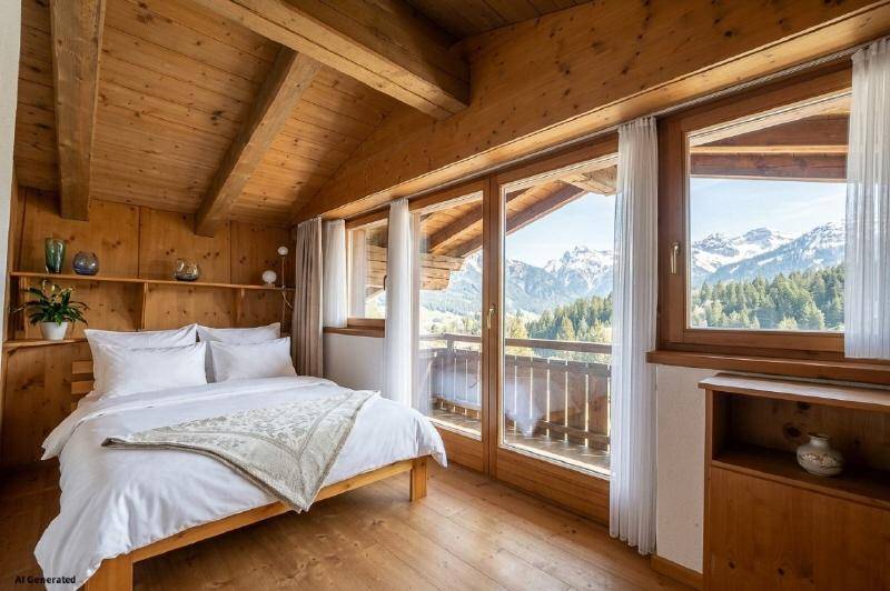 Helles Schlafzimmer mit Holzausstattung, Bergblick und Zugang zum Balkon.