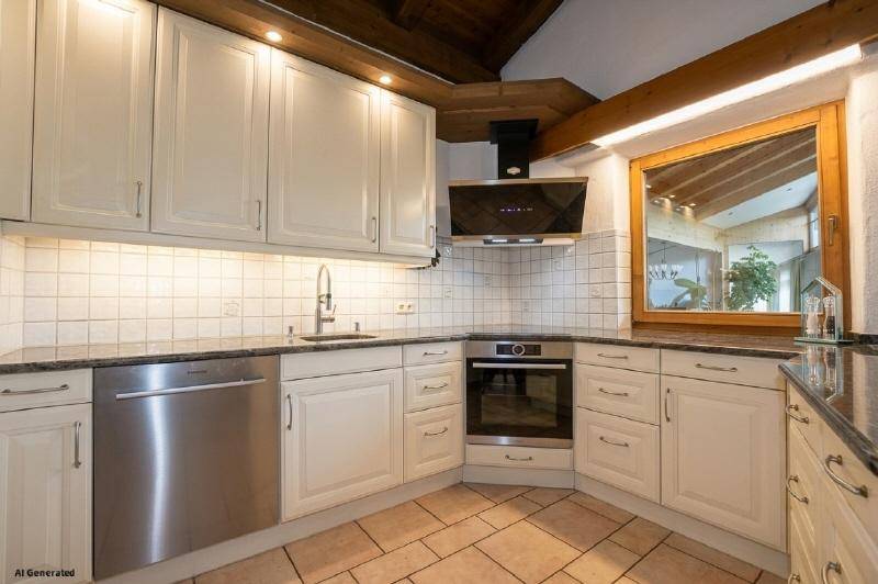 Gemütliche Küche im Landhausstil mit weißen Schränken, Granitarbeitsplatte und Fliesenboden.